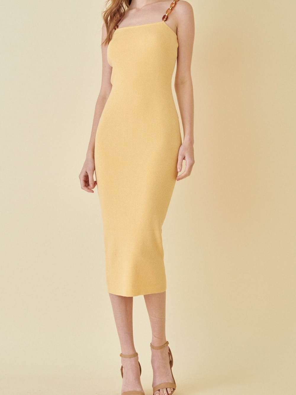 Chain-Shoulder Ribbed Midi Dress in Soft Yellow